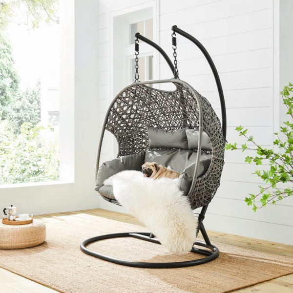 Double Hanging Egg Chair with Grey Cushions – Indoor & Outdoor Rattan Swing