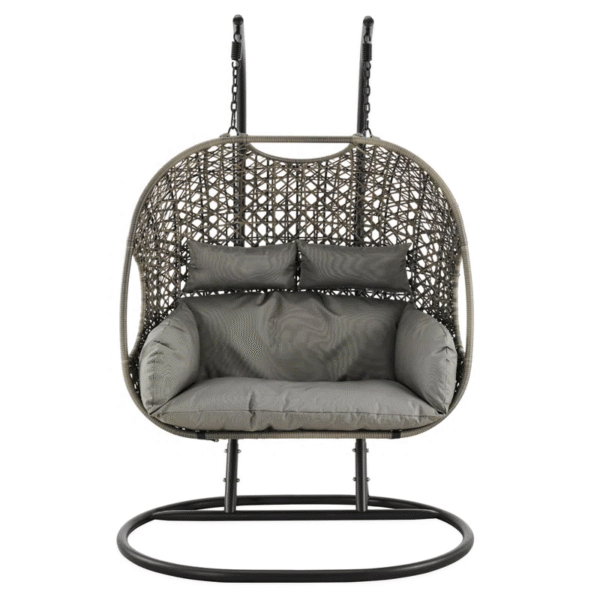 Double Hanging Egg Chair with Grey Cushions – Indoor & Outdoor Rattan Swing - Image 2