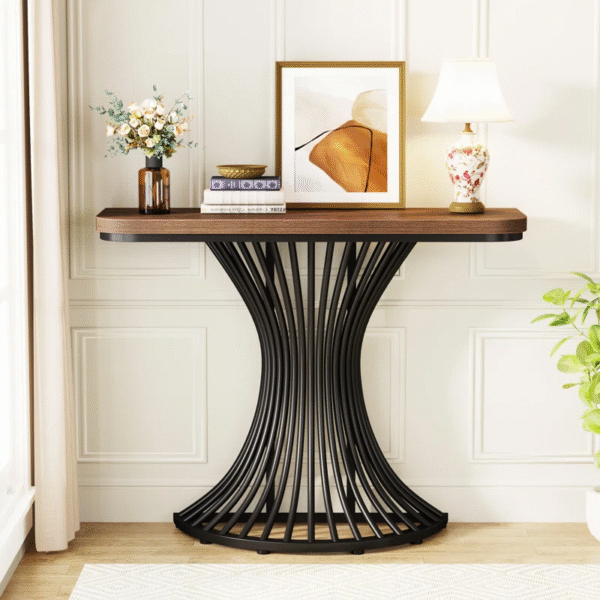 Industrial Console Table with Geometric Metal Base – Rustic Brown & Black - Image 3