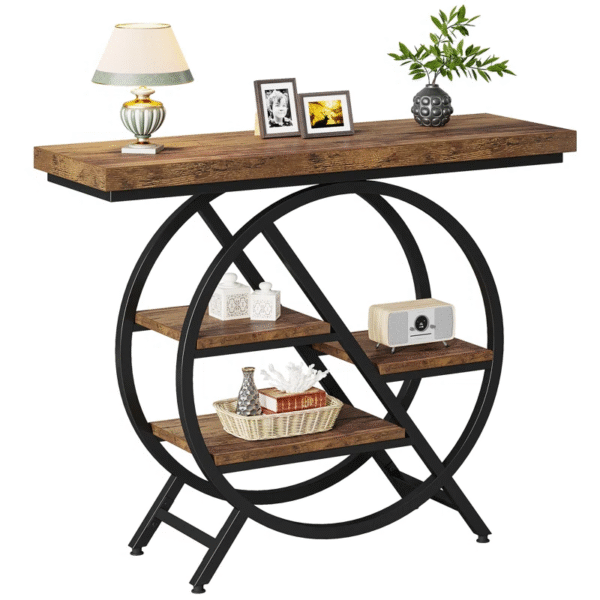 Industrial Console Table with Staggered Shelves – 100cm Wide, Black Frame