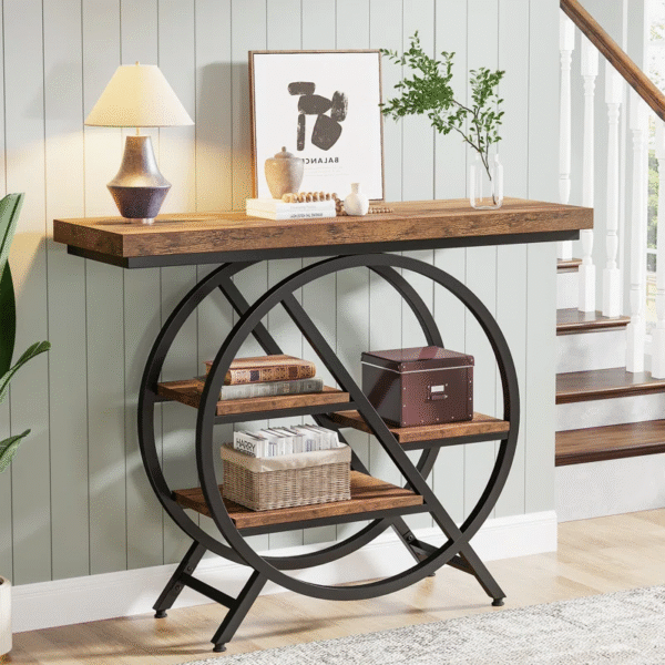 Industrial Console Table with Staggered Shelves – 100cm Wide, Black Frame - Image 3