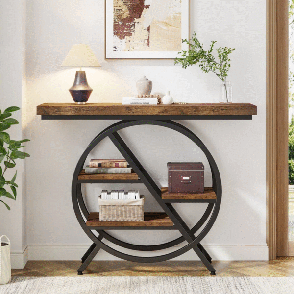 Industrial Console Table with Staggered Shelves – 100cm Wide, Black Frame - Image 2