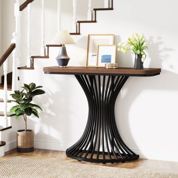 Industrial Console Table with Geometric Metal Base – Rustic Brown & Black