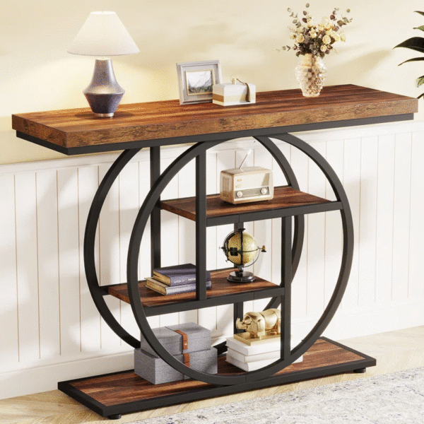 Rustic Brown Industrial Console Table with Circular Frame – 4-Tier Storage - Image 2
