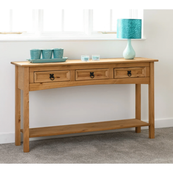 Rustic Pine Console Table with 3 Drawers – Oak Finish Hallway & Entryway Storage Table - Image 2