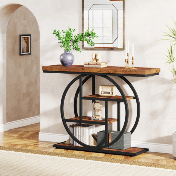 Rustic Brown Industrial Console Table with Circular Frame – 4-Tier Storage - Image 3