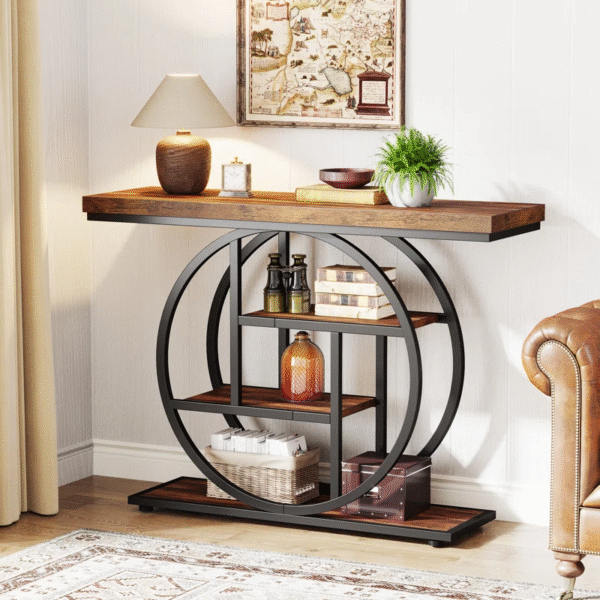 Rustic Brown Industrial Console Table with Circular Frame – 4-Tier Storage