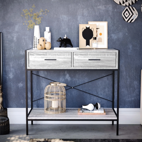 2-Drawer Console Table with Shelf – Grey/Dark Wood Finish