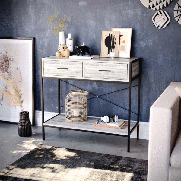 2-Drawer Console Table with Shelf – Grey/Dark Wood Finish - Image 3