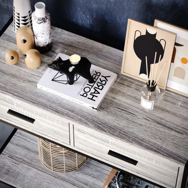 2-Drawer Console Table with Shelf – Grey/Dark Wood Finish - Image 2