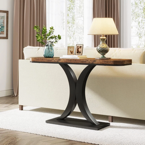 Rustic Industrial Console Table with Curved Edge – Narrow Entryway or Sofa Table - Image 2