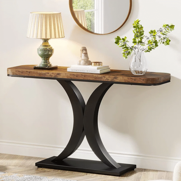 Rustic Industrial Console Table with Curved Edge – Narrow Entryway or Sofa Table