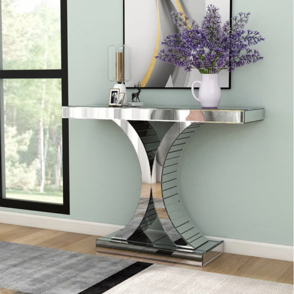 Mirrored Console Table with X-Shaped Base – Silver Finish, 110cm