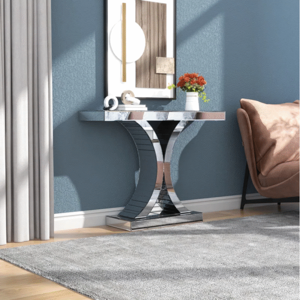 Mirrored Console Table with X-Shaped Base – Silver Finish, 110cm - Image 2