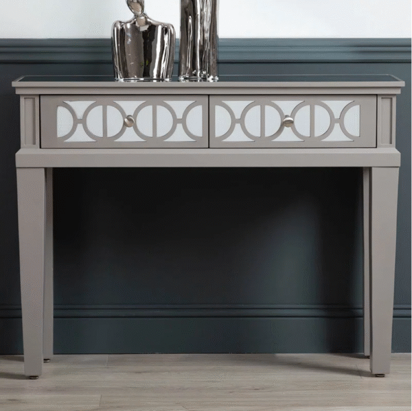Grey Gloss Console Table with Mirrored Drawers – 2-Drawer, Geometric Front, 107cm