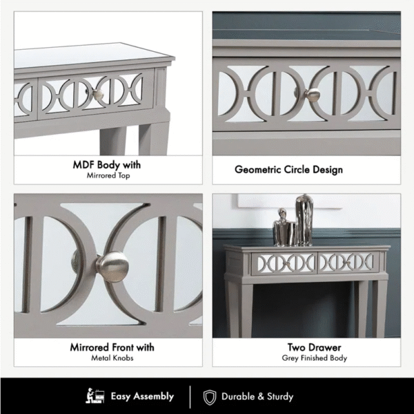 Grey Gloss Console Table with Mirrored Drawers – 2-Drawer, Geometric Front, 107cm - Image 4