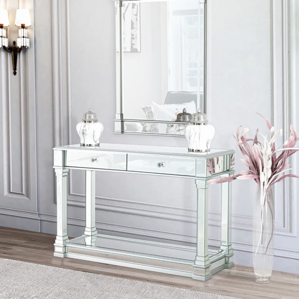 Mirrored Console Table with Elegant Pillar Design and Dual Storage Drawers - Image 3