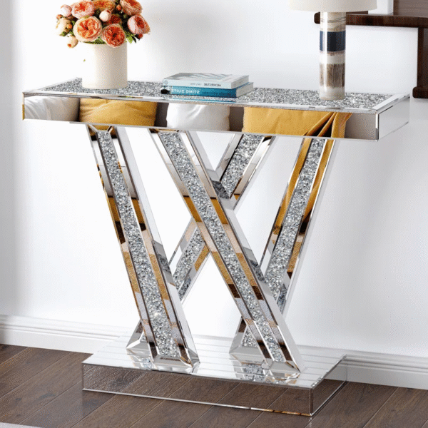 Modern Mirrored Console Table with Diamond Accents & W-Shaped Base – Silver Finish