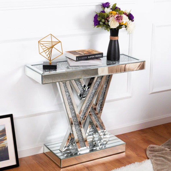 Modern Mirrored Console Table with Diamond Accents & W-Shaped Base – Silver Finish - Image 2