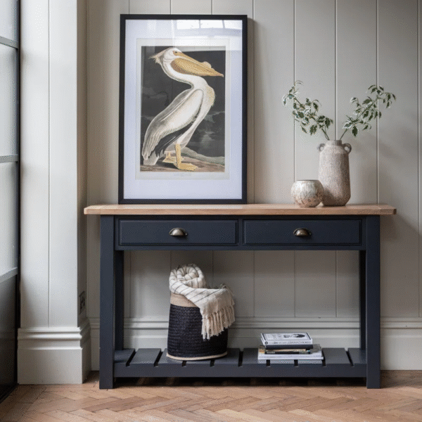 Modern Rustic Console Table with 2 Drawers and Shelf - Hand-Painted Oak Finish - Image 3
