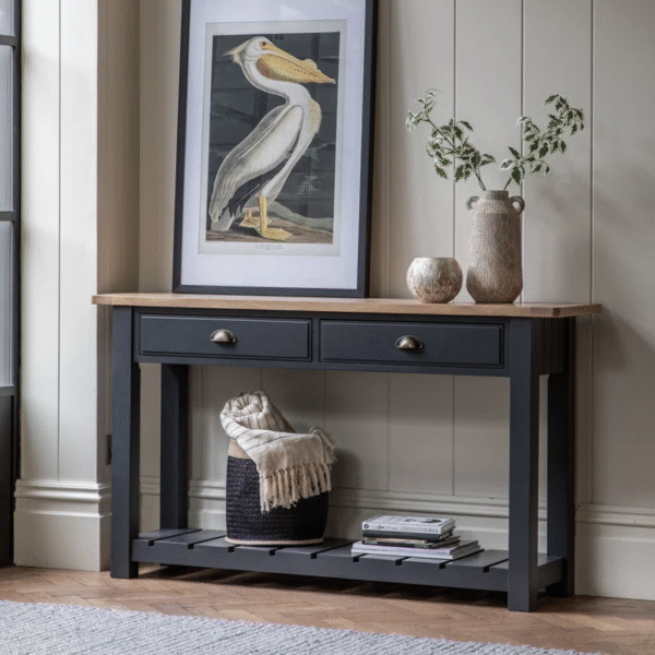 Modern Rustic Console Table with 2 Drawers and Shelf - Hand-Painted Oak Finish - Image 4