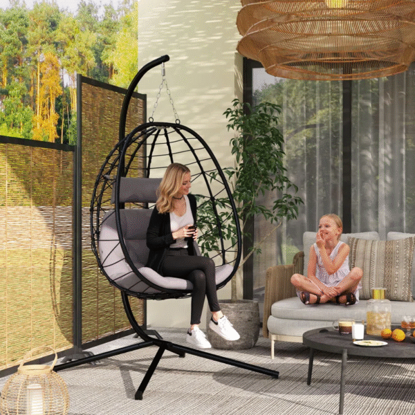 Outdoor Egg Swing Chair with Cushion and Folding Basket - Image 2