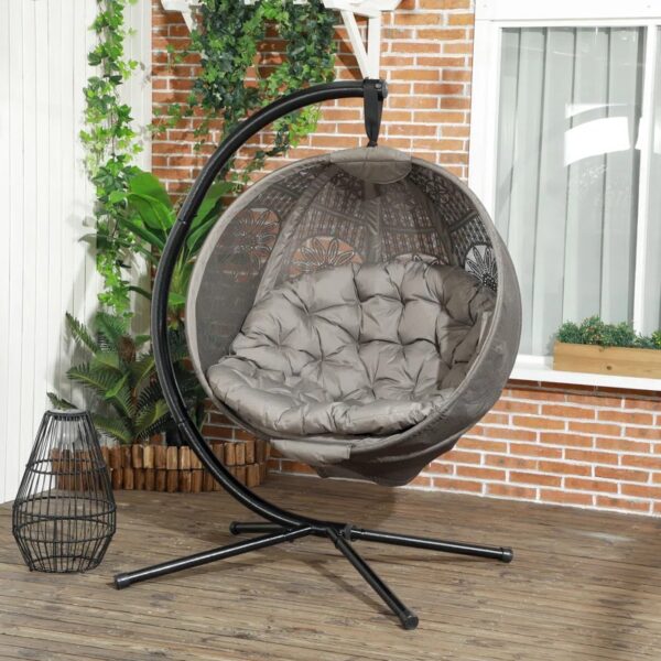 Hanging Egg Chair with Stand and Cushion - Brown & Black - Image 2
