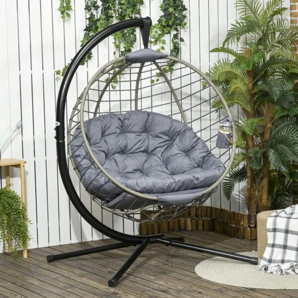 Hanging Egg Chair with Stand, Cushion, and Cup Holder - Indoor & Outdoor - Image 2