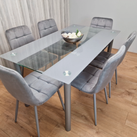 Grey and Clear Tempered Glass Dining Table with 6 Grey Velvet Tufted Chairs