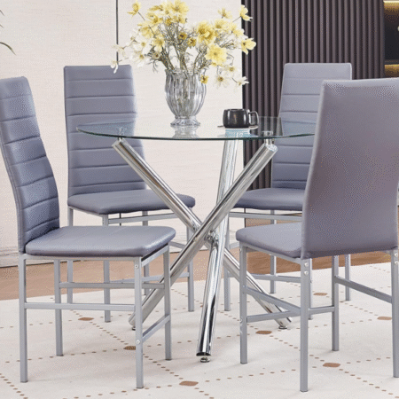 Round Dining Room Set — Glass Round Kitchen Table with Grey Chairs