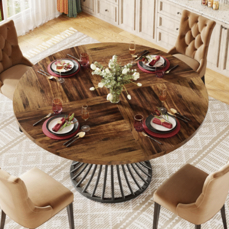 Round Dining Table for 4-6 People – Rustic Brown Circle Kitchen Table