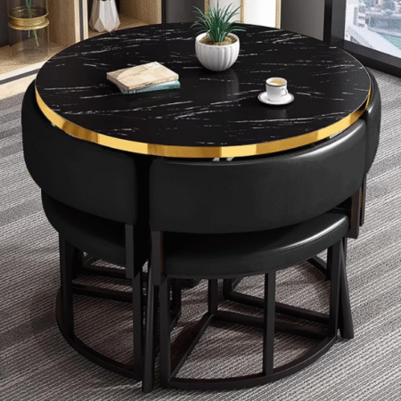 Round Black Dining Table and 4 Chairs Set – Modern Small Kitchen Dining Table